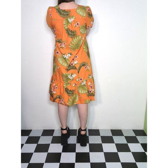 100% Cotton Orange w/ Green Palm Tree Midi Summer Flowy Dress w/ Pockets - Picture 7 of 9